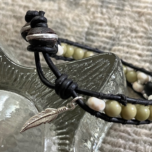 BOHO Leather Wrap Bracelet w/Olivine (Olive Jade) 6.25" - Picture 5 of 5